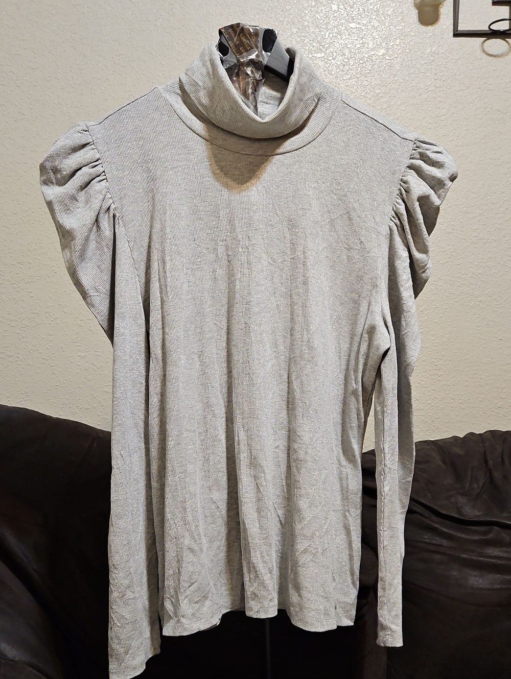 INC International Concepts Sparkly Light Gray Turtleneck with Puff Shoulders
